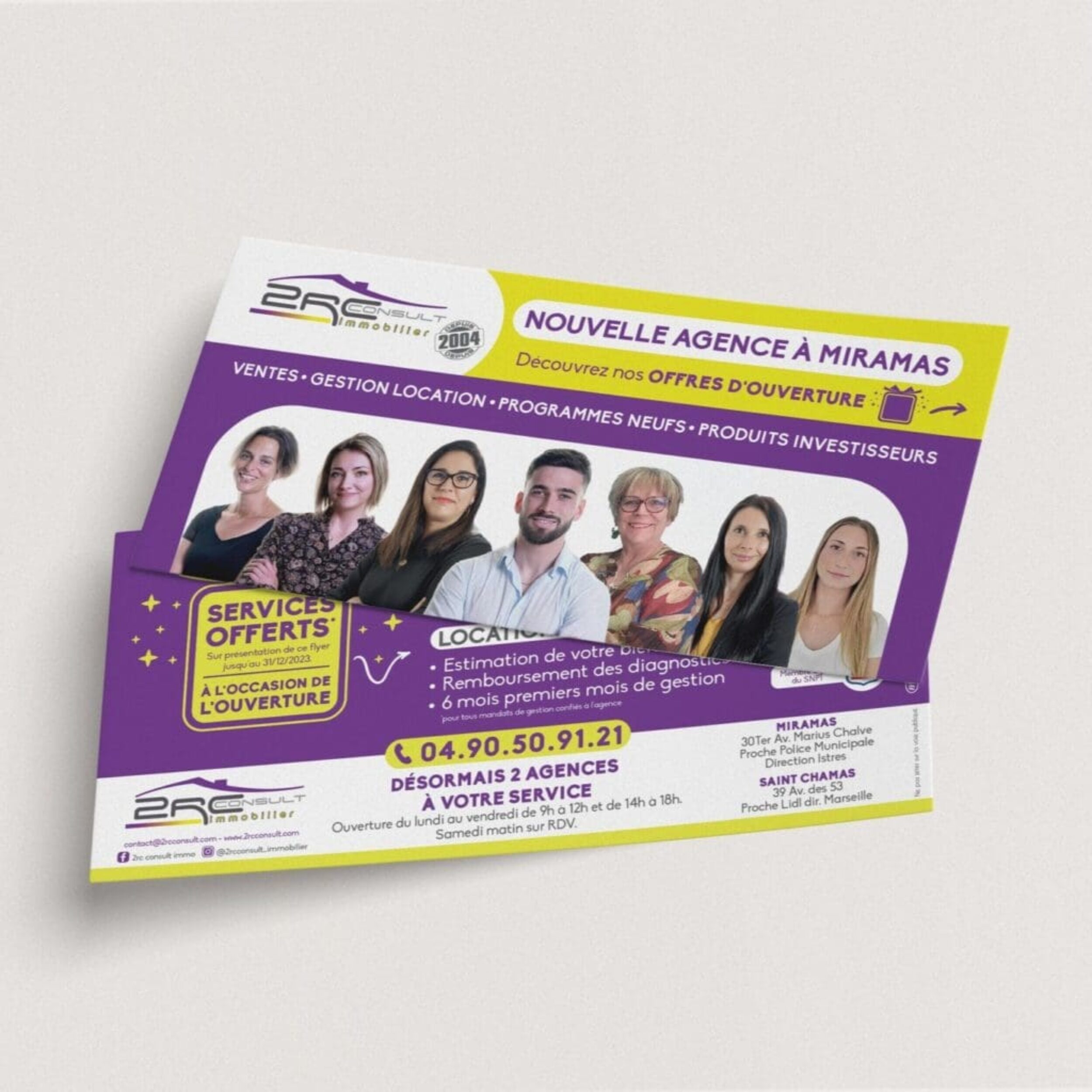 Flyer promotionnel pour l’ouverture de l’agence 2RC Consult Immobilier à Miramas