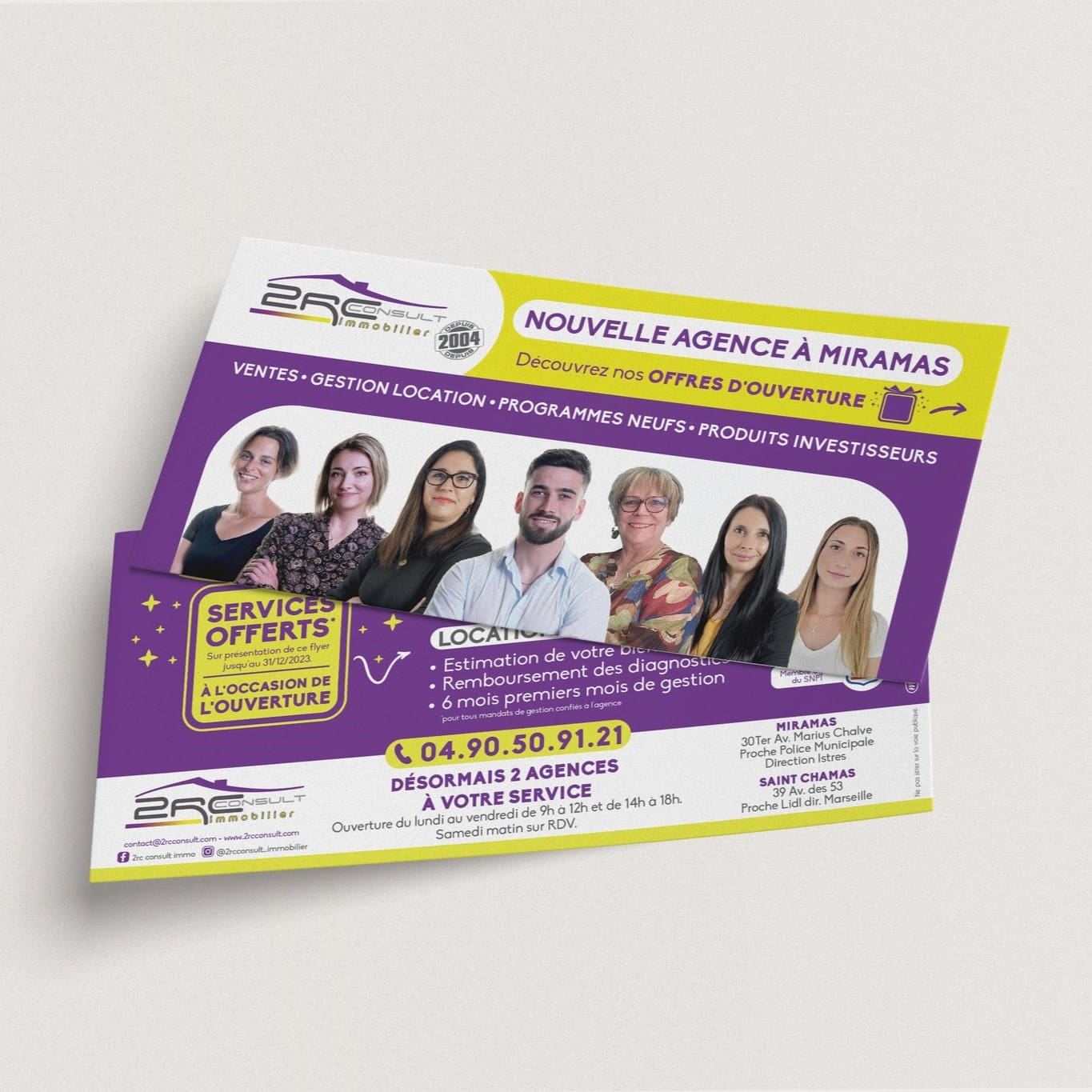 Flyer promotionnel pour l’ouverture de l’agence 2RC Consult Immobilier à Miramas