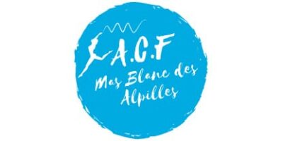 Logo rond bleu ciel avec une silhouette de gymnaste et le texte "A.C.F Mas Blanc des Alpilles".