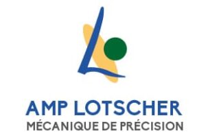 Logo AMP Lotscher avec un symbole abstrait et l’inscription « Mécanique de précision ».