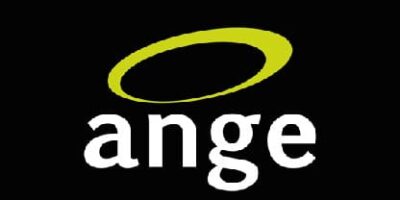 Logo "ange" avec une auréole verte sur fond noir.