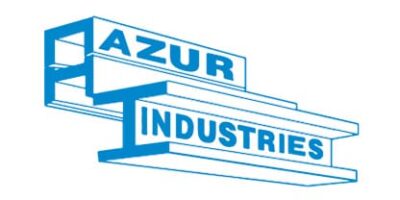 Logo Azur Industries en bleu avec deux poutres métalliques en perspective.