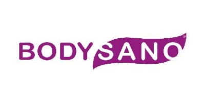 Logo Bodysano avec lettrage violet et élément ondulé autour du mot « SANO ».