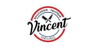 Logo rond de la Boucherie Traiteur Vincent avec couteaux croisés et contours rouge et bleu.