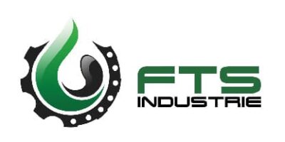 Logo de FTS Industrie composé d’une forme de goutte stylisée en vert et noir, entourée d’un demi-pignon mécanique, accompagné du nom de l’entreprise à droite.