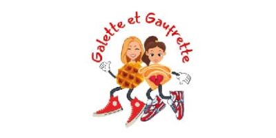 Logo coloré représentant deux personnages féminins déguisés en galette et en gaufre, chaussées de baskets, accompagnées du texte "Galette et Gaufrette".
