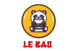 Logo de l’enseigne "Le Bao" avec un panda tenant un burger dans un cercle jaune.