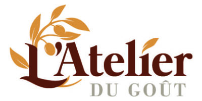 Logo de L’Atelier du Goût avec une branche d’olivier stylisée intégrée au lettrage.