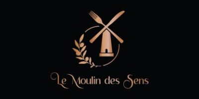 Logo "Le Moulin des Sens" avec une fourchette et un couteau croisés formant les ailes d’un moulin, accompagné d’une branche d’olivier.