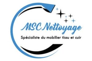 Logo MSC Nettoyage avec un jet de nettoyage stylisé formant un cercle, des étoiles de propreté et la mention : "Spécialiste du mobilier tissu et cuir".