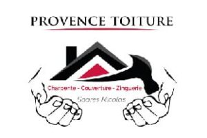 Logo Provence Toiture avec une maison stylisée, un marteau et deux mains ouvertes en dessous. Mention des services : Charpente, Couverture, Zinguerie. Nom "Soares Nicolas" en bas.