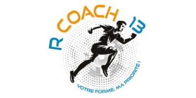 Logo R Coach 13 représentant un coureur stylisé en noir sur un fond circulaire gris, entouré du texte "R Coach 13" en orange et bleu, avec le slogan "Votre forme, ma priorité !" en bas.