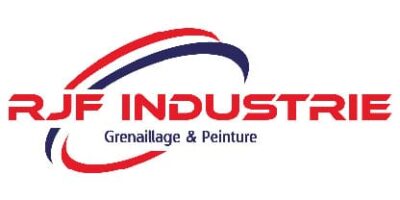 Logo de l’entreprise RJF Industrie avec deux arcs rouges et bleus entourant le nom en lettres majuscules rouges. La mention "Grenaillage & Peinture" apparaît en dessous.