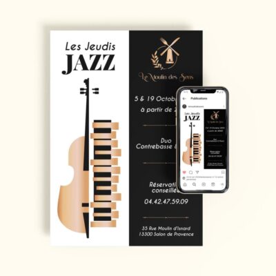 Affiche et visuel mobile pour les soirées "Les Jeudis Jazz" au Moulin des Sens.