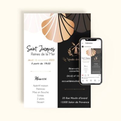 Affiche et visuel mobile annonçant une soirée dédiée à la Saint-Jacques au Moulin des Sens.