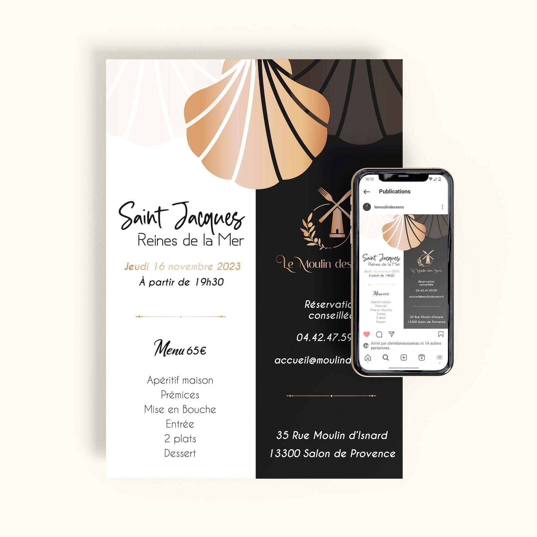 Affiche et visuel mobile annonçant une soirée dédiée à la Saint-Jacques au Moulin des Sens.