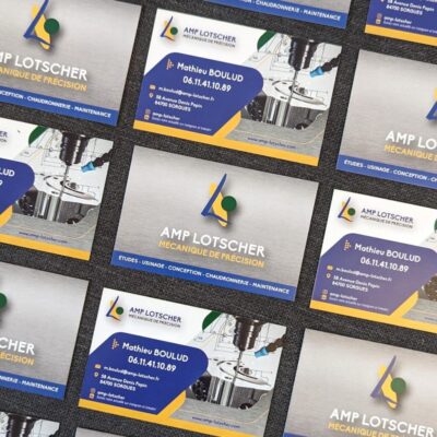 Ensemble de cartes de visite AMP Lotscher affichées sur fond gris foncé.
