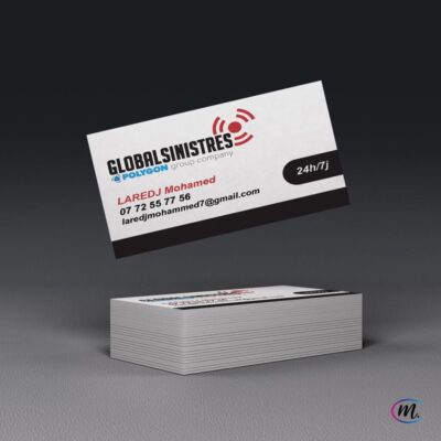 Carte de visite de GlobalSinistres, entreprise du groupe Polygon, avec les coordonnées de contact de Laredj Mohamed.