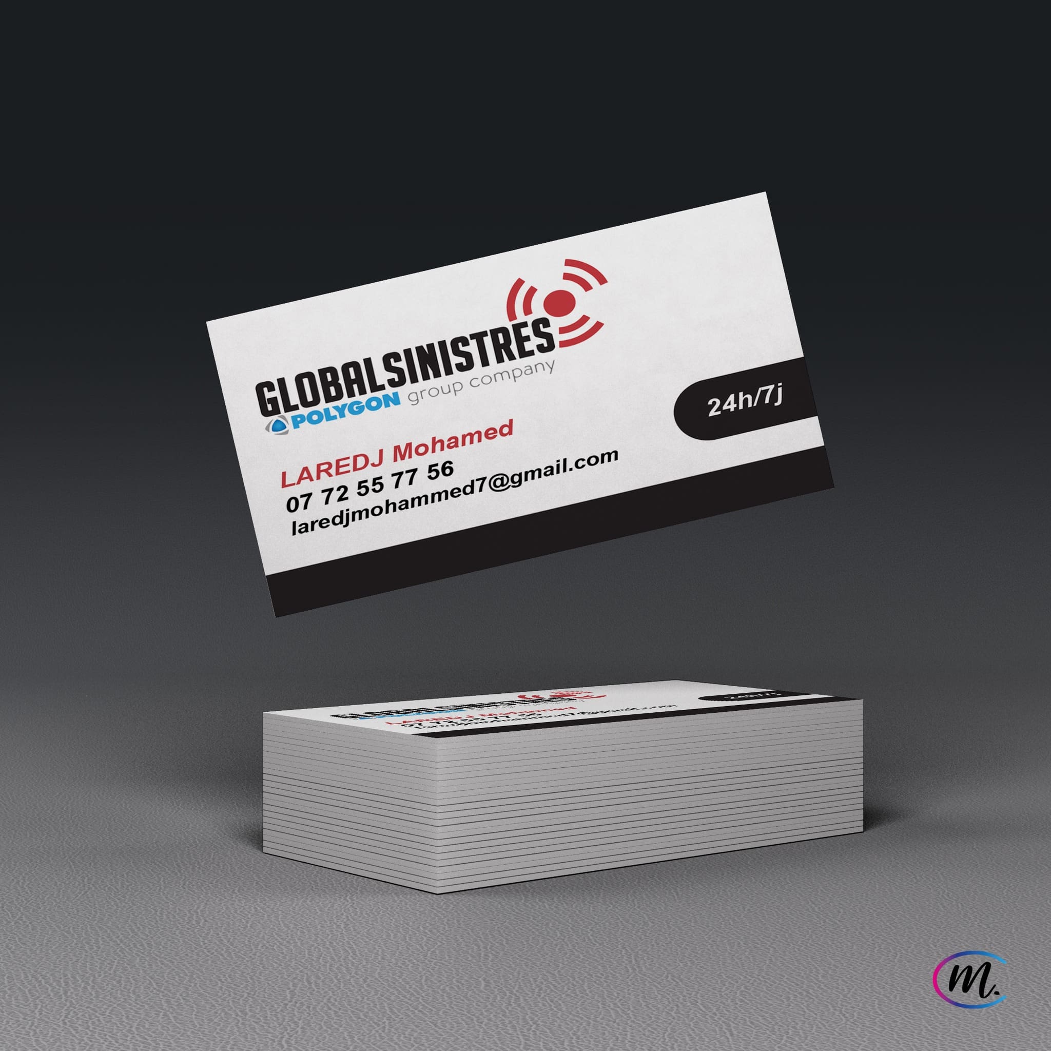 Carte de visite de GlobalSinistres, entreprise du groupe Polygon, avec les coordonnées de contact de Laredj Mohamed.