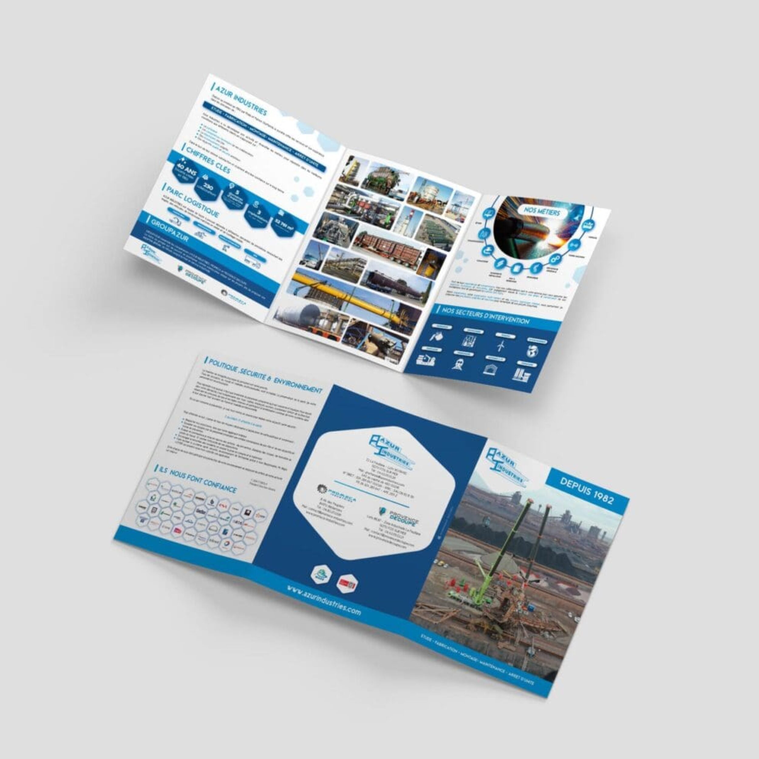 Plaquette commerciale de l’entreprise Azur Industrie présentant ses domaines d’intervention, ses réalisations et ses engagements dans le secteur industriel.