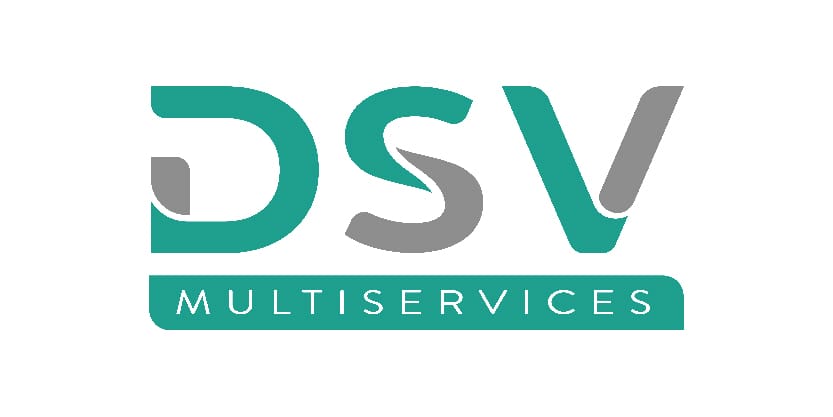 Logo DSV Multiservices avec lettrage stylisé en turquoise et gris, et mention « MULTISERVICES » dans un bandeau.