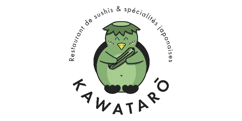 Logo du restaurant KAWATARŌ représentant un personnage vert inspiré du folklore japonais, tenant une feuille, entouré du texte « Restaurant de sushis & spécialités japonaises ».
