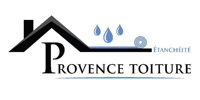 Logo de Provence Toiture avec une toiture stylisée, des gouttes d’eau et la mention « Étanchéité », symbolisant la spécialisation en imperméabilisation.