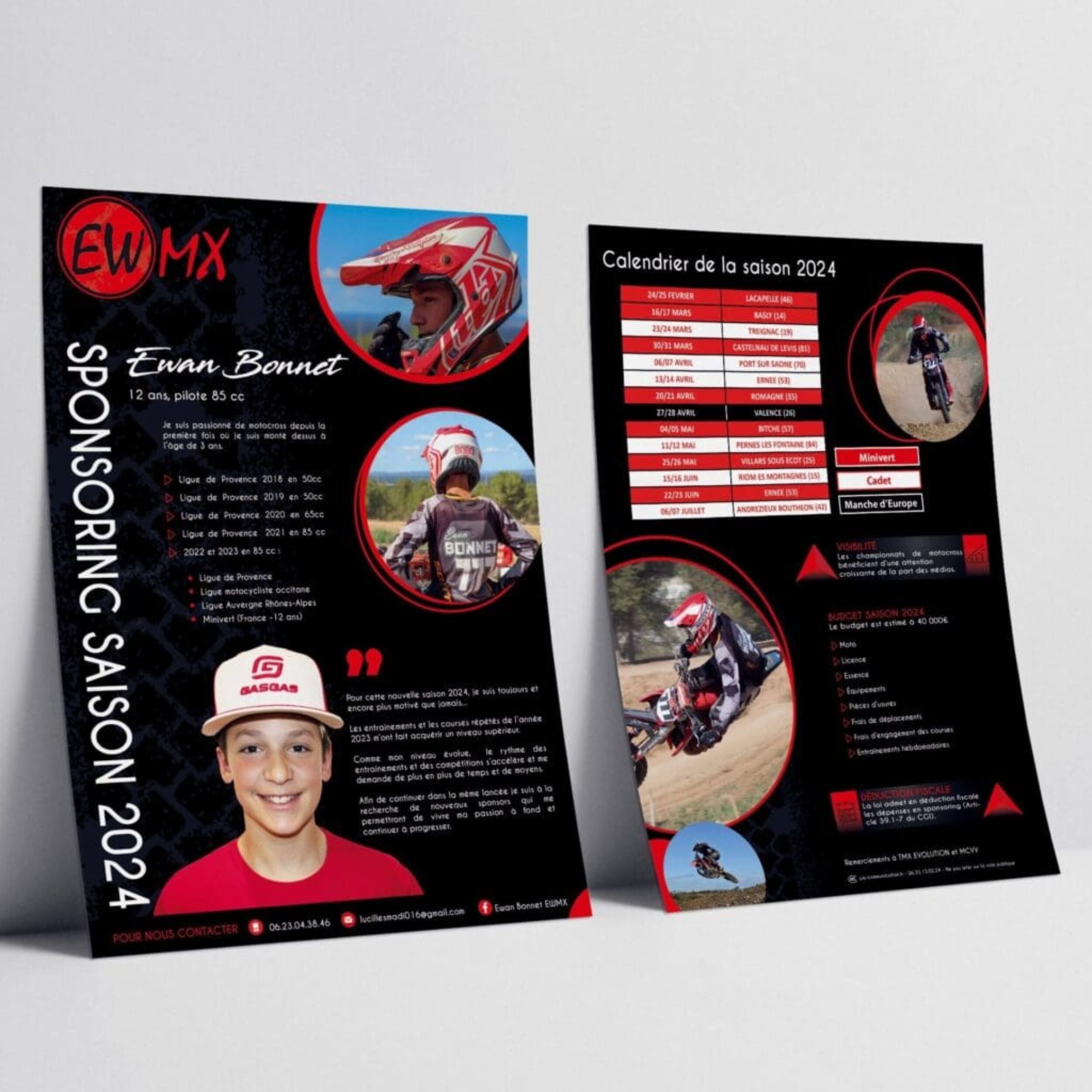 Plaquette de sponsoring 2024 pour Ewan Bonnet, jeune pilote de motocross, avec biographie, calendrier des courses et informations partenaires.
