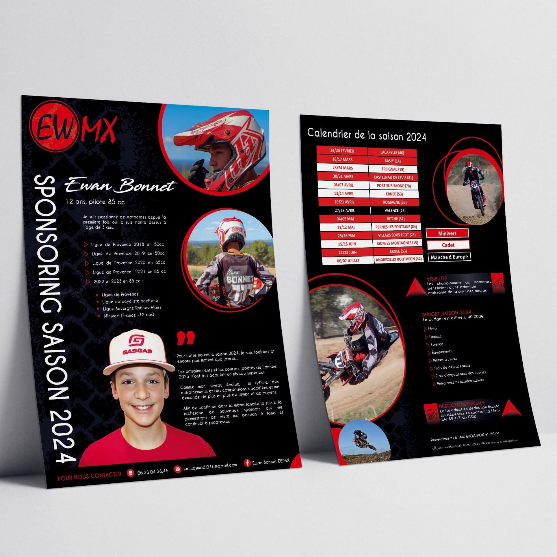 Plaquette de sponsoring 2024 pour Ewan Bonnet, jeune pilote de motocross, avec biographie, calendrier des courses et informations partenaires.