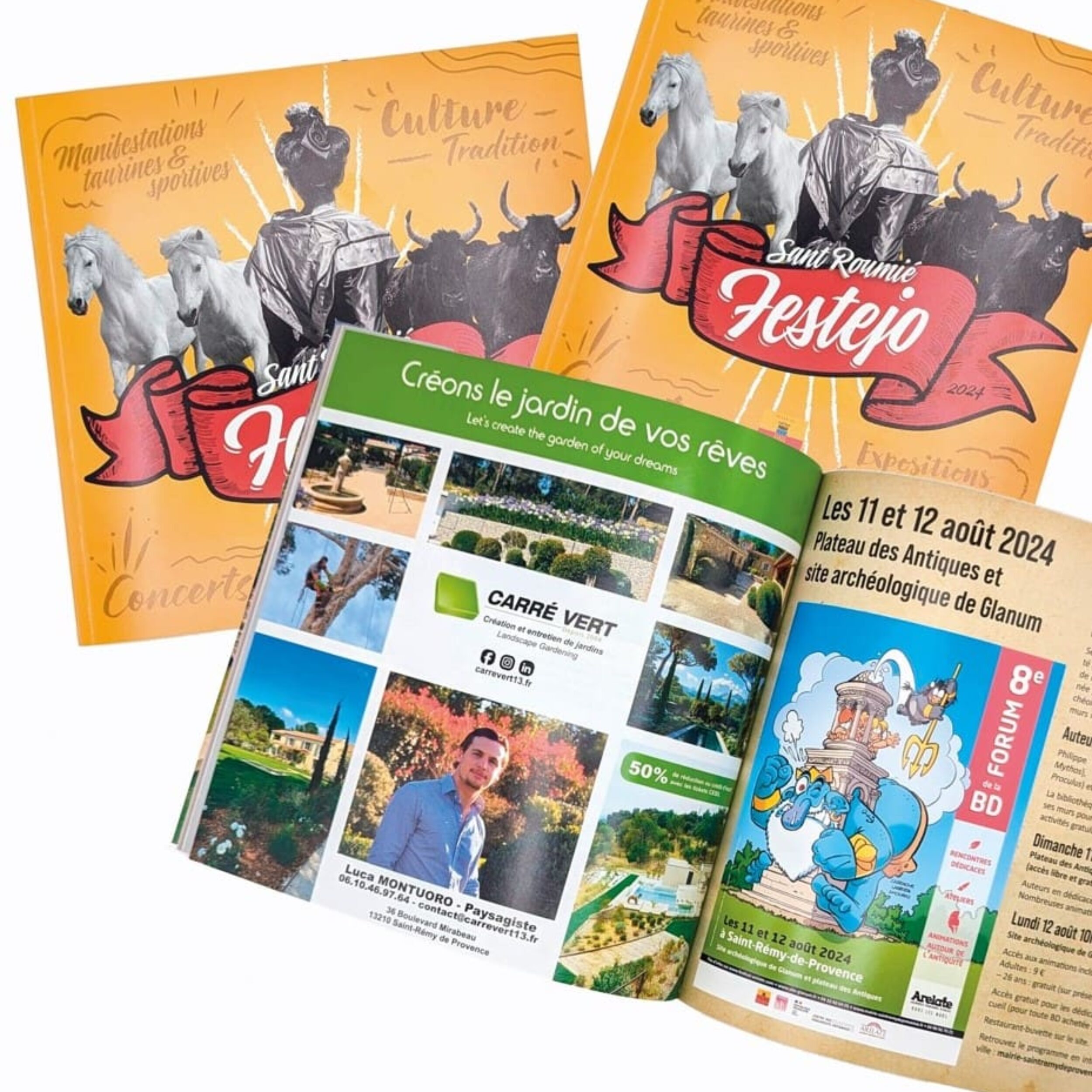Publicité pleine page pour Carré Vert, entreprise de paysagisme, intégrée dans un magazine événementiel avec visuels de jardins et portrait du paysagiste.