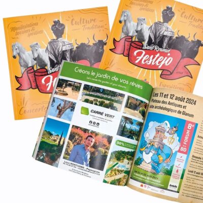 Publicité pleine page pour Carré Vert, entreprise de paysagisme, intégrée dans un magazine événementiel avec visuels de jardins et portrait du paysagiste.