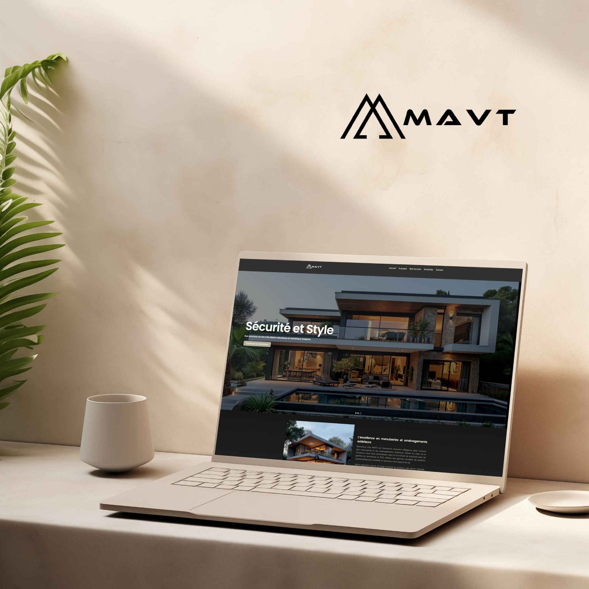 Ordinateur portable affichant la page d’accueil du site MAVT avec une maison moderne en fond et le slogan « Sécurité et Style », logo MAVT visible en haut à droite.