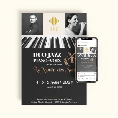 Affiche graphique en noir, blanc et doré avec un clavier de piano stylisé en bas de l’image, les portraits des deux musiciens en haut, le logo Duo Jazz Piano-Voix, les dates des soirées (4, 5, 6 juillet 2024), le nom du restaurant Le Moulin des Sens, et une version adaptée du visuel visible sur un écran de smartphone.