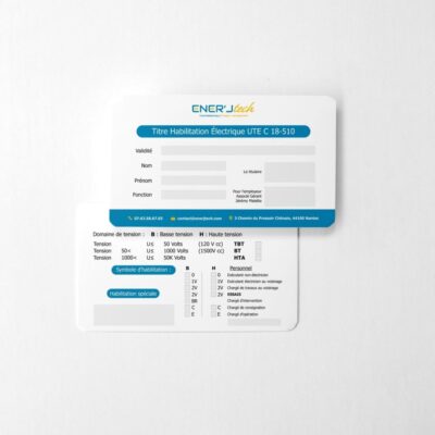 Carte d’habilitation électrique aux normes UTE C 18-510 conçue pour ENERJ Tech, affichant les informations d’identité, de validité et les symboles de qualification électrique, avec un design structuré et lisible.