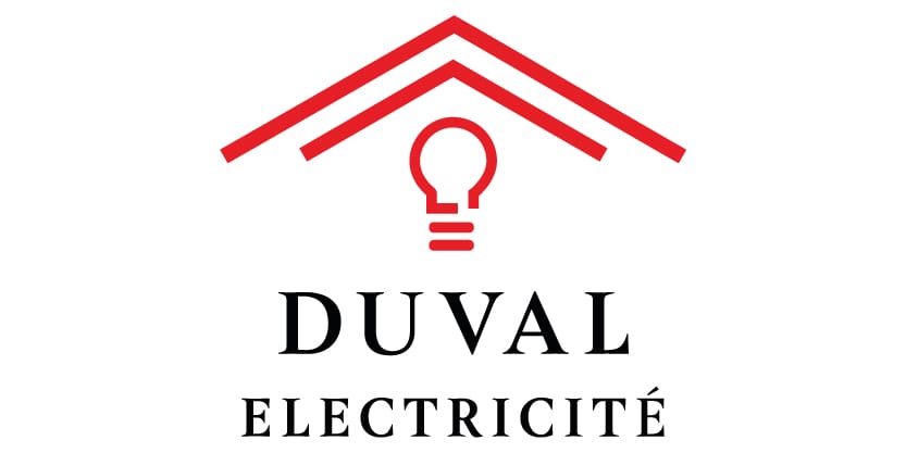 Logo Duval Électricité représentant une ampoule stylisée sous deux toits rouges, accompagné du nom de l’entreprise en lettres noires.
