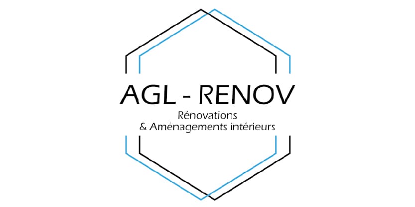 Logo AGL - RENOV affichant un hexagone graphique noir et bleu entourant le nom de l’entreprise spécialisée en rénovations et aménagements intérieurs.