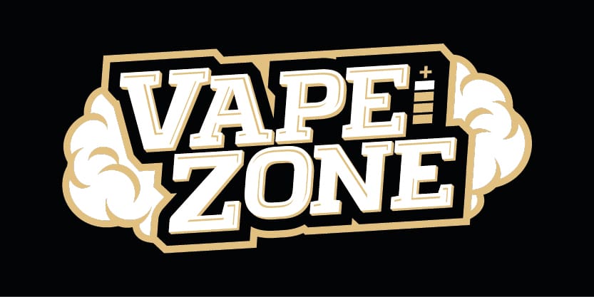 Logo Vape Zone en lettres capitales stylisées, encadré de nuages de vapeur et de contours dorés sur fond noir.