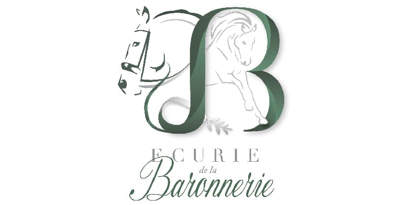 Logo de l’Écurie de la Baronnerie combinant une grande lettre « B » verte avec deux chevaux dessinés en ligne fine et une branche d’olivier stylisée.