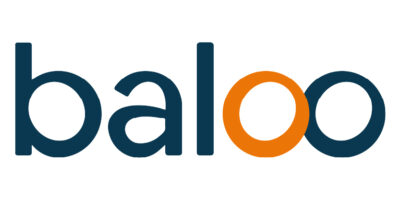 Logo typographique « baloo » avec un double « o » dont le premier est orange et le second bleu foncé.