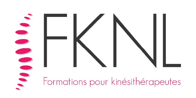 Logo avec les lettres « FKNL », un motif rose de formes elliptiques et le texte « Formations pour kinésithérapeutes ».