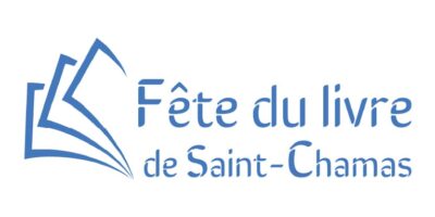 Logo bleu avec trois pages stylisées et le texte « Fête du livre de Saint-Chamas ».