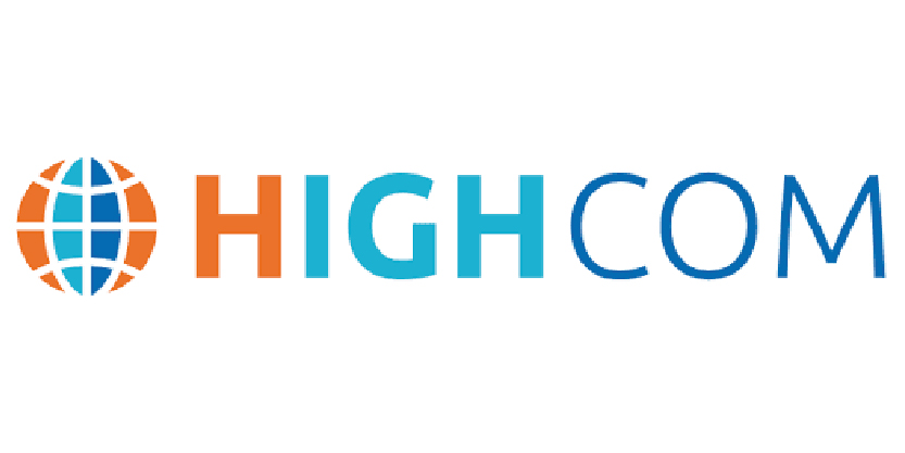 Logo avec un globe stylisé orange et bleu suivi du mot « HIGHCOM » en lettres capitales dégradées.