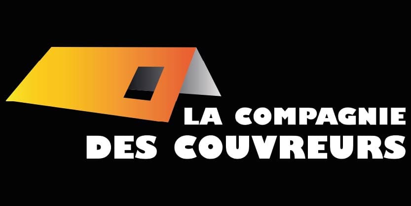 Logo avec un toit stylisé en dégradé jaune-orange et le texte blanc « LA COMPAGNIE DES COUVREURS » sur fond noir.